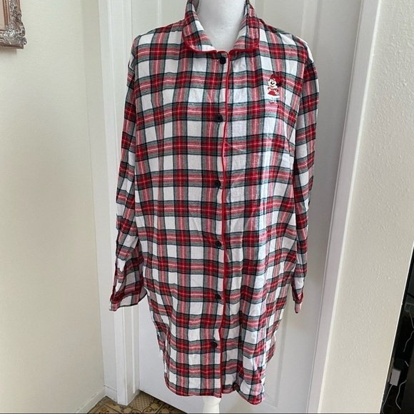 Disney Japan Holiday Red Plaid Flannel Sleep Shirt/Dress Santa Minnie Sz XL - Picture 3 of 6